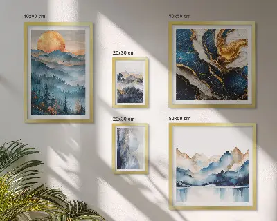 Billedsæt over sofa med motiv af bjerglandskaber i vest