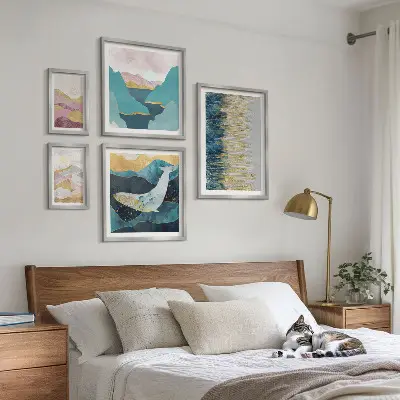 Billedsæt til over sofaen abstrakte bjerge med moderne havmotiv