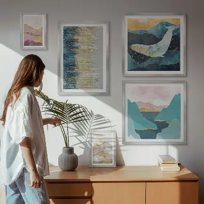 Billedsæt til over sofaen abstrakte bjerge med moderne havmotiv