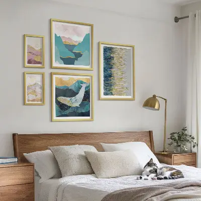 Billedsæt til over sofaen abstrakte bjerge med moderne havmotiv