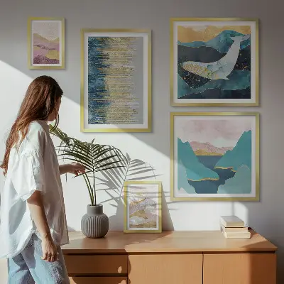 Billedsæt til over sofaen abstrakte bjerge med moderne havmotiv