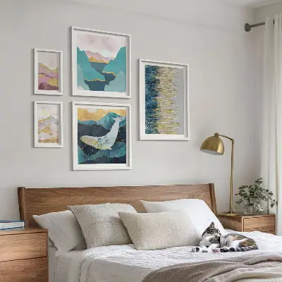 Billedsæt til over sofaen abstrakte bjerge med moderne havmotiv