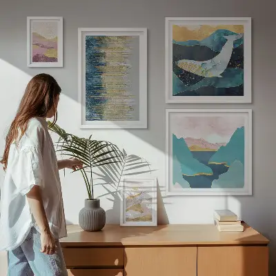 Billedsæt til over sofaen abstrakte bjerge med moderne havmotiv