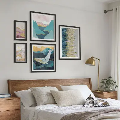 Billedsæt til over sofaen abstrakte bjerge med moderne havmotiv