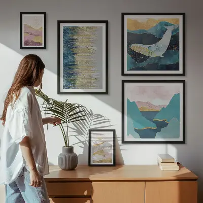 Billedsæt til over sofaen abstrakte bjerge med moderne havmotiv