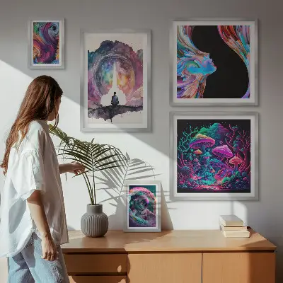 Billedsæt over sofa med surrealistiske kosmiske inspirationer