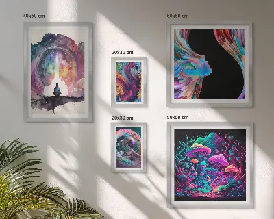 Billedsæt over sofa med surrealistiske kosmiske inspirationer