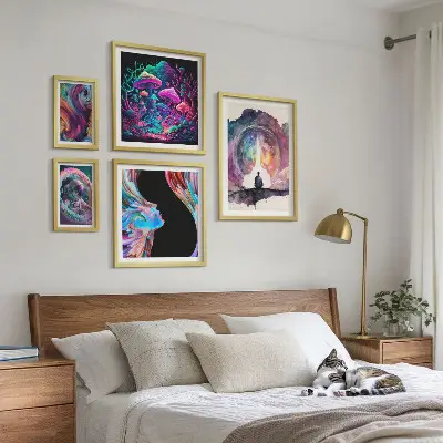 Billedsæt over sofa med surrealistiske kosmiske inspirationer