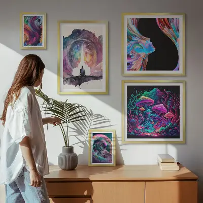 Billedsæt over sofa med surrealistiske kosmiske inspirationer
