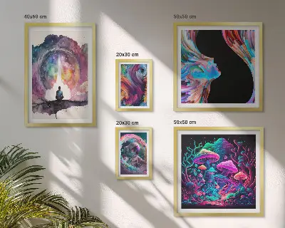 Billedsæt over sofa med surrealistiske kosmiske inspirationer