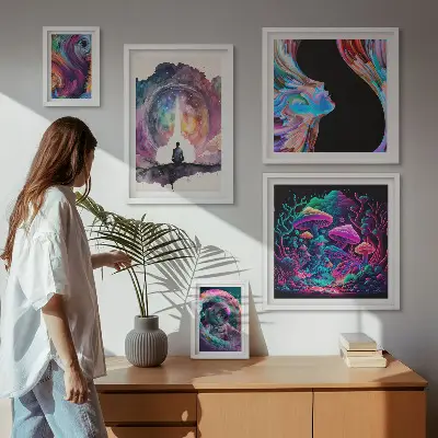 Billedsæt over sofa med surrealistiske kosmiske inspirationer