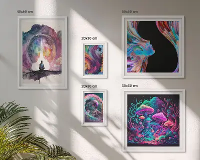 Billedsæt over sofa med surrealistiske kosmiske inspirationer