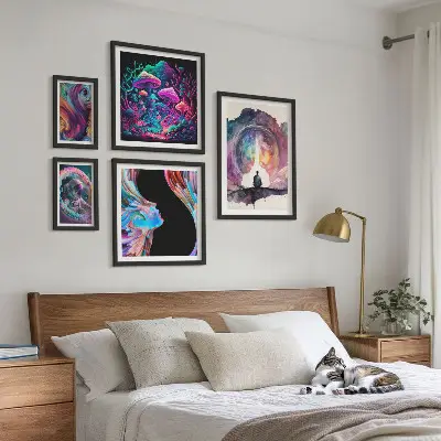Billedsæt over sofa med surrealistiske kosmiske inspirationer