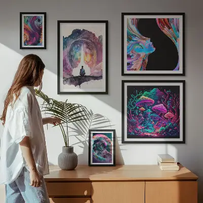 Billedsæt over sofa med surrealistiske kosmiske inspirationer
