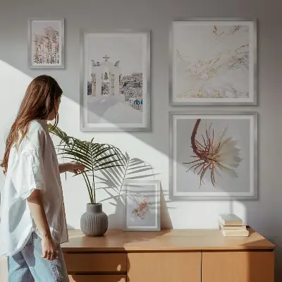 Billedkomposition til væg med motiv af stilfuld arkitektur og natur
