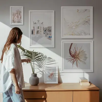 Billedkomposition til væg med motiv af stilfuld arkitektur og natur