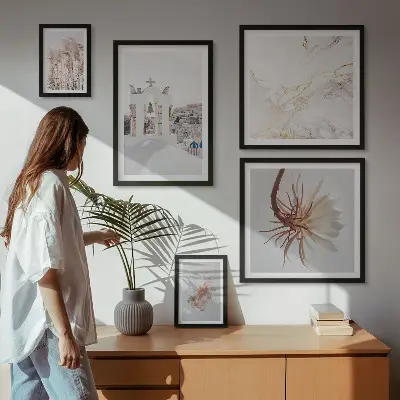 Billedkomposition til væg med motiv af stilfuld arkitektur og natur