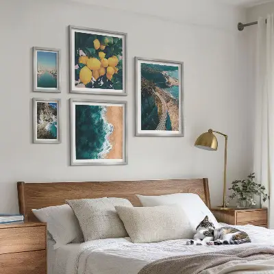 Billedkomposition til væg med strandlandskaber og citrusmotiver