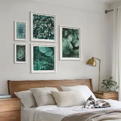 Billedsæt over sofa med motiv af natur med planteblade og sukkulenter