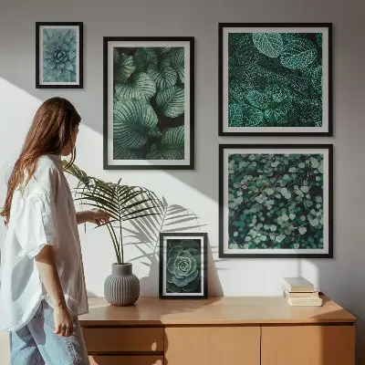 Billedsæt over sofa med motiv af natur med planteblade og sukkulenter