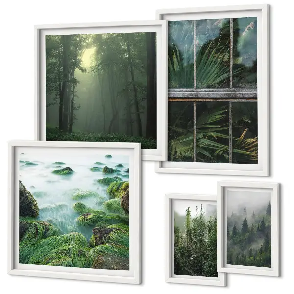 Billedsæt over sofa med motiver af grønne landskaber, skove og vegetation