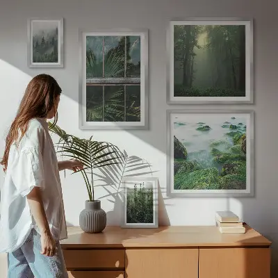 Billedsæt over sofa med motiver af grønne landskaber, skove og vegetation