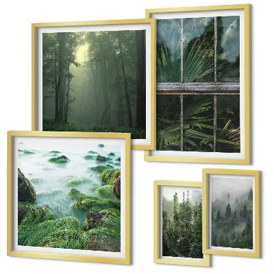 Billedsæt over sofa med motiver af grønne landskaber, skove og vegetation