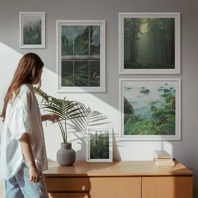 Billedsæt over sofa med motiver af grønne landskaber, skove og vegetation