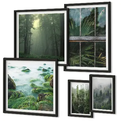 Billedsæt over sofa med motiver af grønne landskaber, skove og vegetation