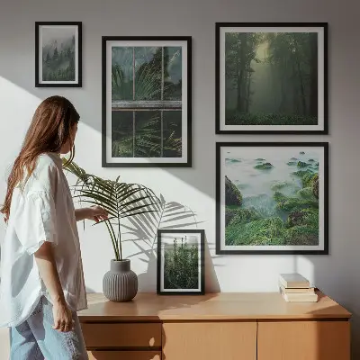 Billedsæt over sofa med motiver af grønne landskaber, skove og vegetation