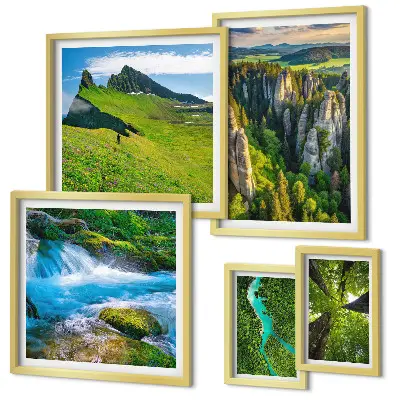 Billedsæt over sofa med motiver af landskaber, bjerge, floder og skove