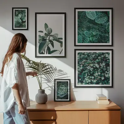 Plakatsæt med plantemotiver grønne blade til ophæng over sofa