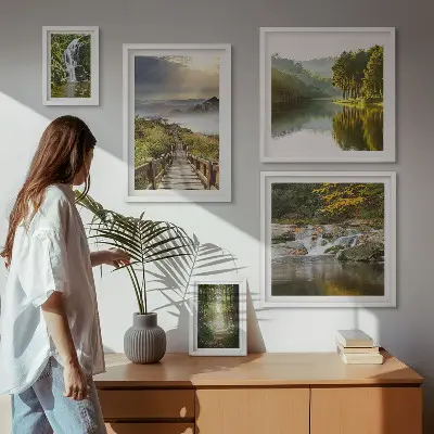 Billedkomposition til væg med naturlandskaber af vandfald og skovstier