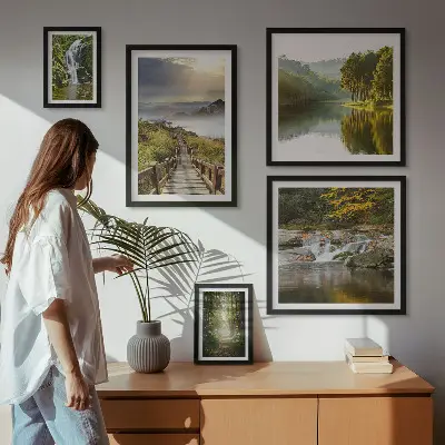 Billedkomposition til væg med naturlandskaber af vandfald og skovstier