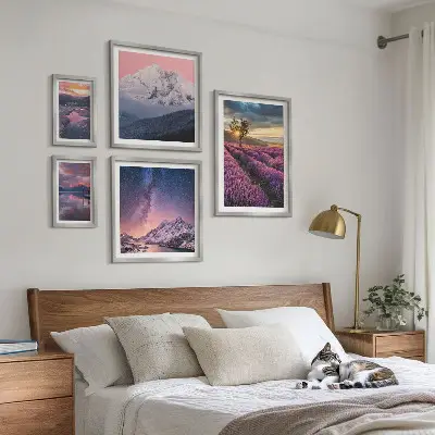 Billedsæt til sofa med naturlandskaber af lavendelbjerge
