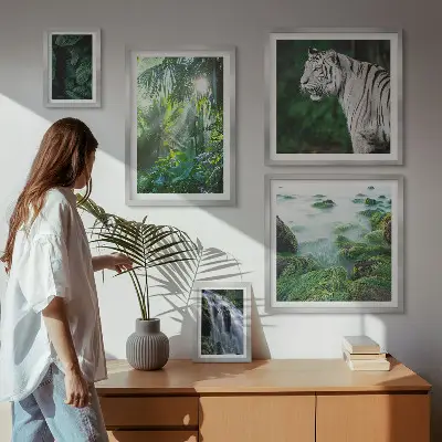 Billedsæt til sofa med tropiske naturmotiver og dyr