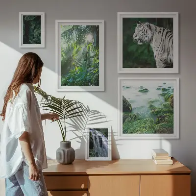 Billedsæt til sofa med tropiske naturmotiver og dyr