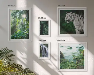 Billedsæt til sofa med tropiske naturmotiver og dyr