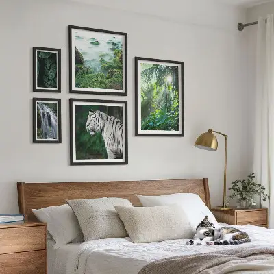 Billedsæt til sofa med tropiske naturmotiver og dyr