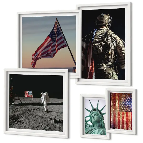 Billedsæt over sofa med amerikansk symbolik i historien
