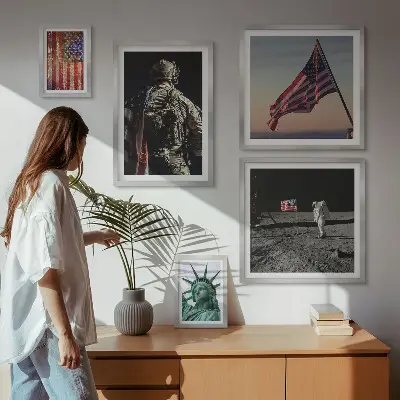 Billedsæt over sofa med amerikansk symbolik i historien