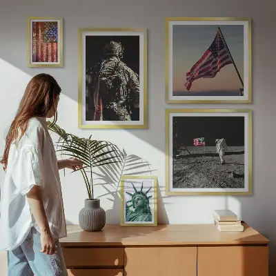 Billedsæt over sofa med amerikansk symbolik i historien