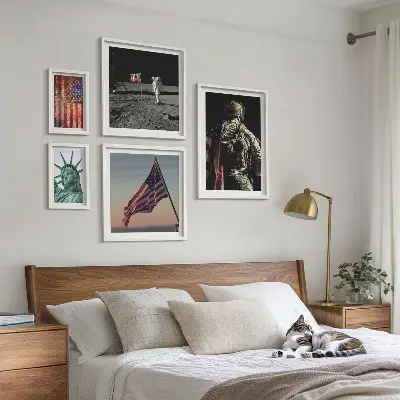 Billedsæt over sofa med amerikansk symbolik i historien