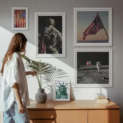 Billedsæt over sofa med amerikansk symbolik i historien