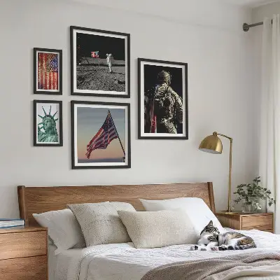 Billedsæt over sofa med amerikansk symbolik i historien
