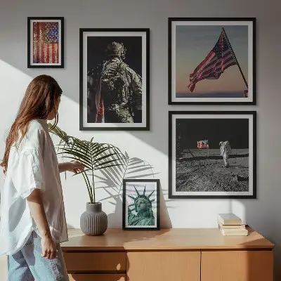 Billedsæt over sofa med amerikansk symbolik i historien