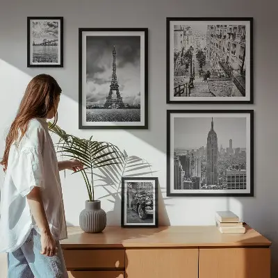 Billedkomposition til væg med arkitektoniske ikoner af bylandskaber