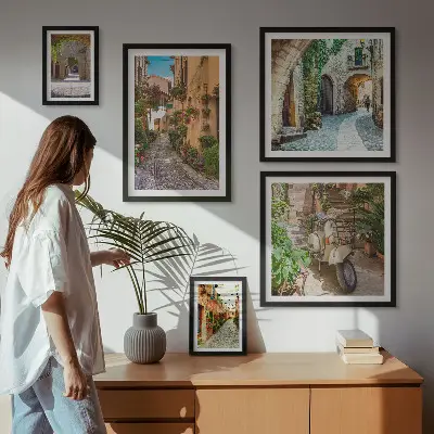 Billedsæt med charmerende gader med blomster til ophængning over sofa