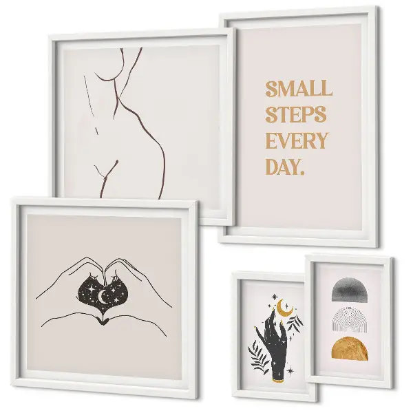 Billedkomposition til væg med motiv af positiv tænkning i minimalistisk stil