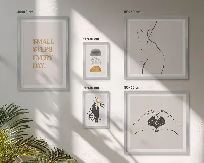 Billedkomposition til væg med motiv af positiv tænkning i minimalistisk stil